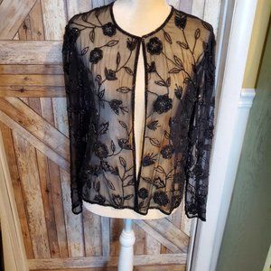 Scala sheer Jacket 100% pure silk black sequins Size Large